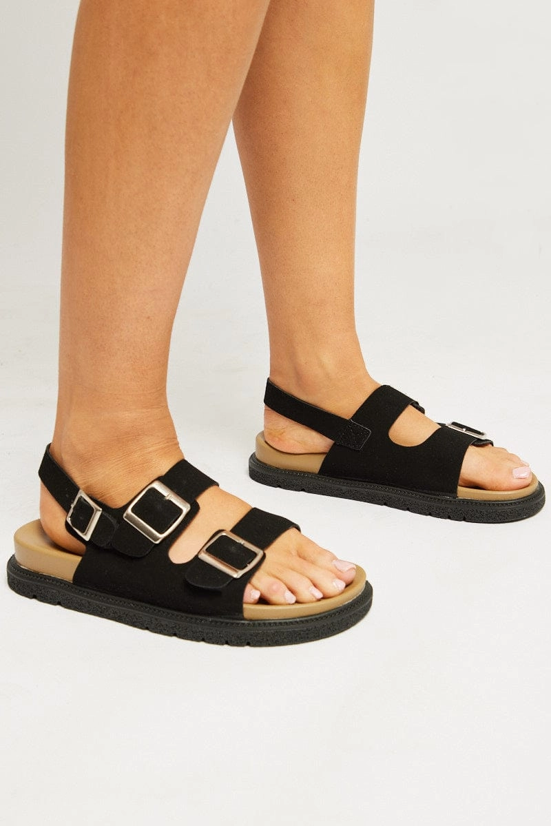 Black Double Buckle Suede Sandals