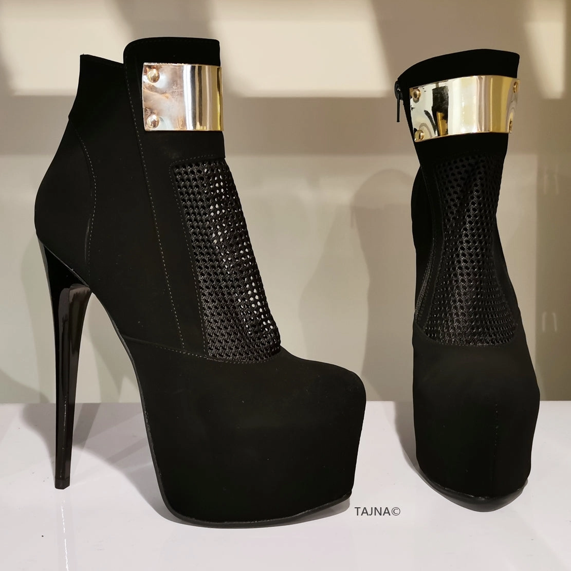 Black Suede Golden Fishnet Booties