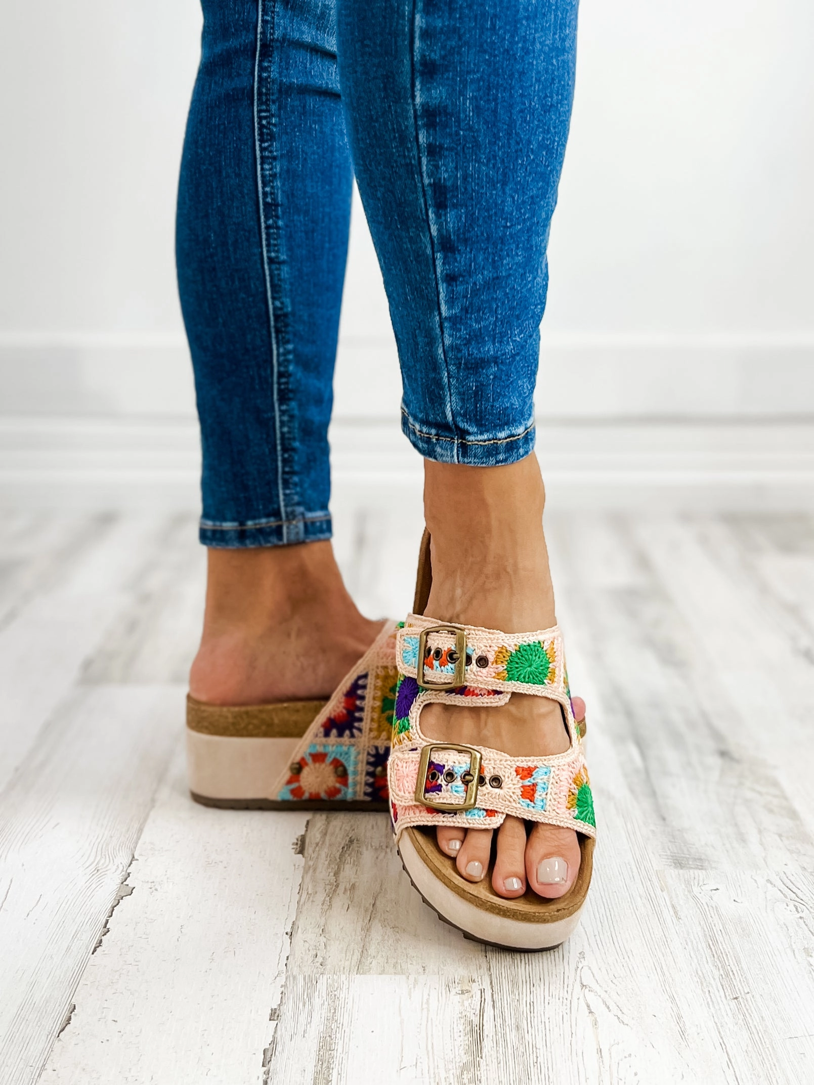 Corkys Wannabe Double Buckle Wedge Sandals in Multi Crochet