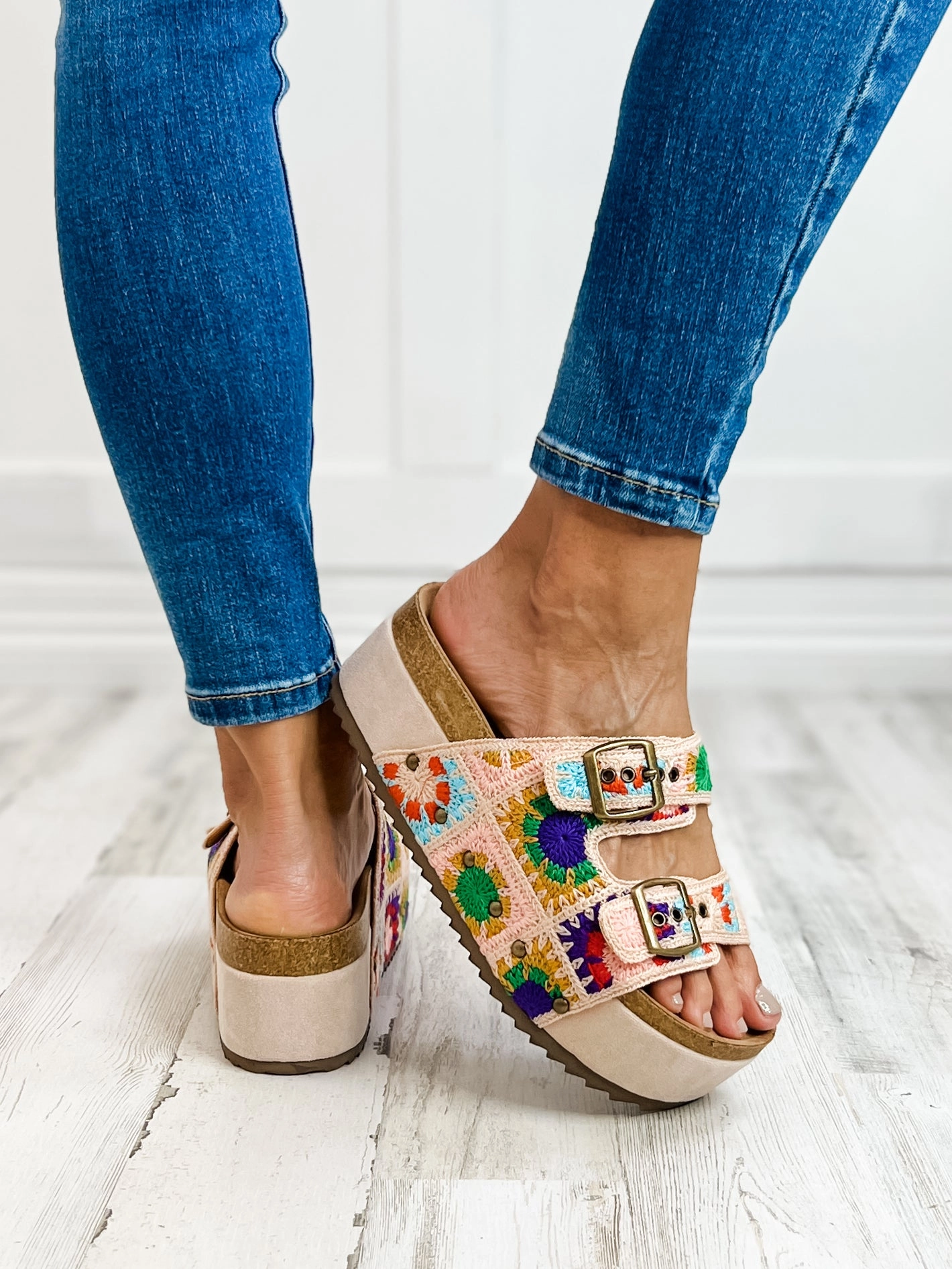 Corkys Wannabe Double Buckle Wedge Sandals in Multi Crochet