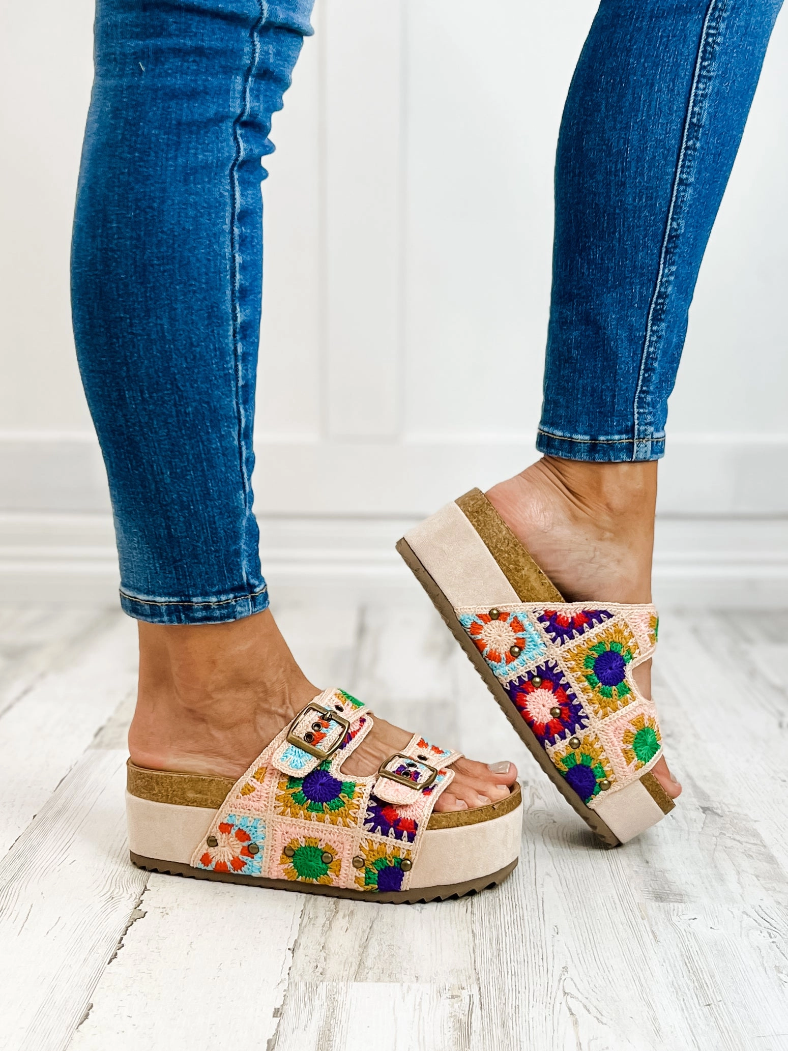 Corkys Wannabe Double Buckle Wedge Sandals in Multi Crochet