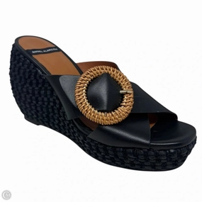 Criss-cross Buckle Wedge Sandals By Angel Alarcón In Black Raffia & Leather, Size: 9