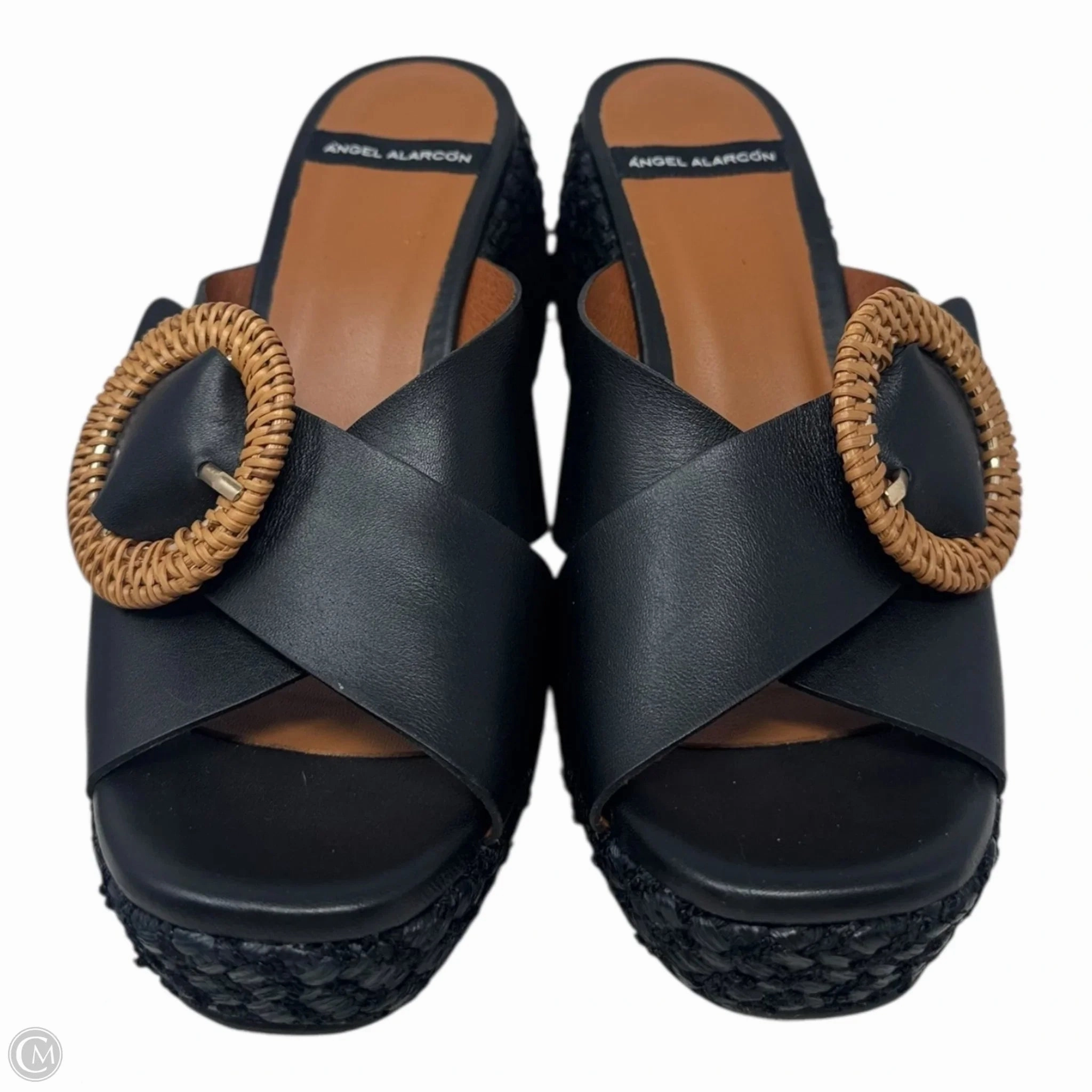 Criss-cross Buckle Wedge Sandals By Angel Alarcón In Black Raffia & Leather, Size: 9