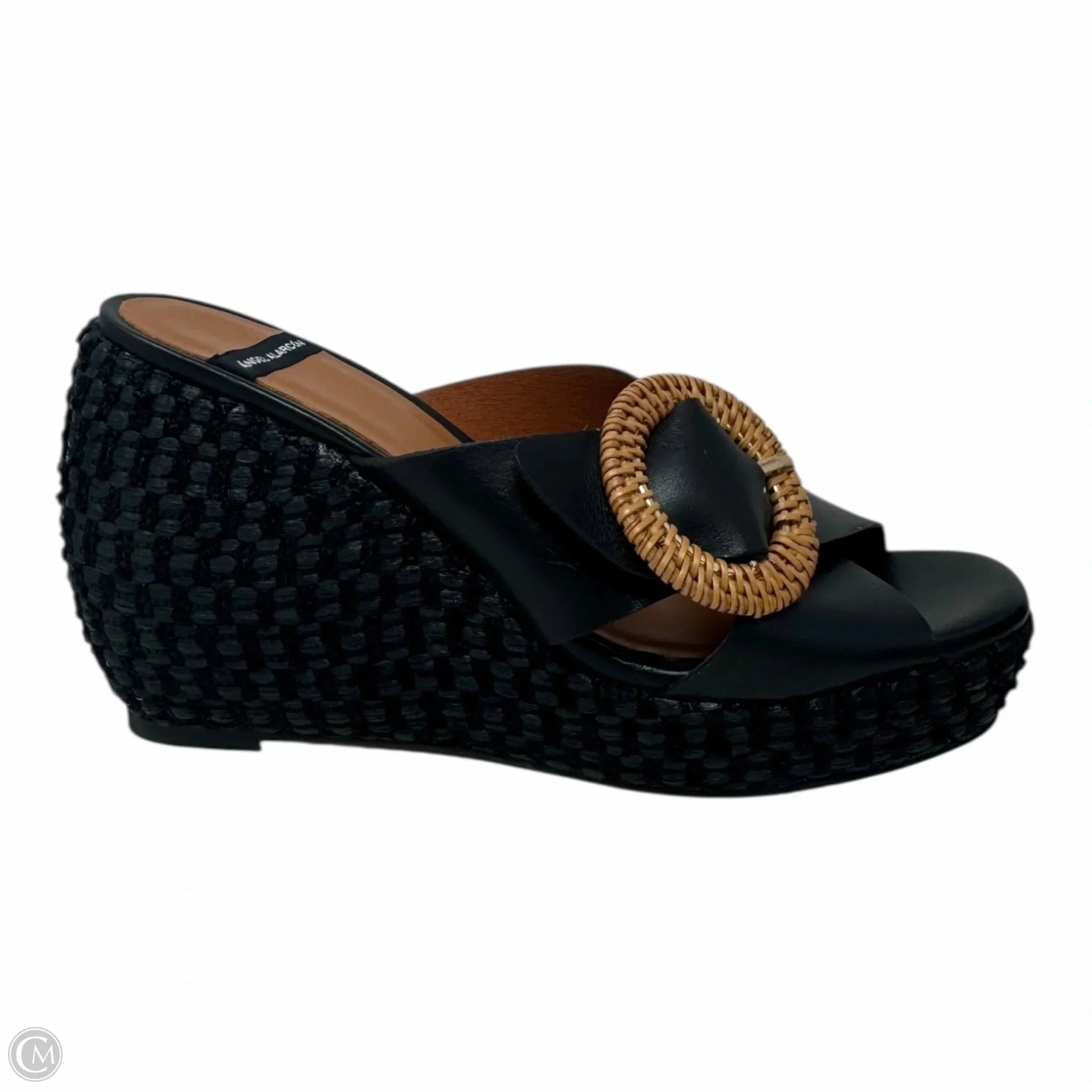 Criss-cross Buckle Wedge Sandals By Angel Alarcón In Black Raffia & Leather, Size: 9