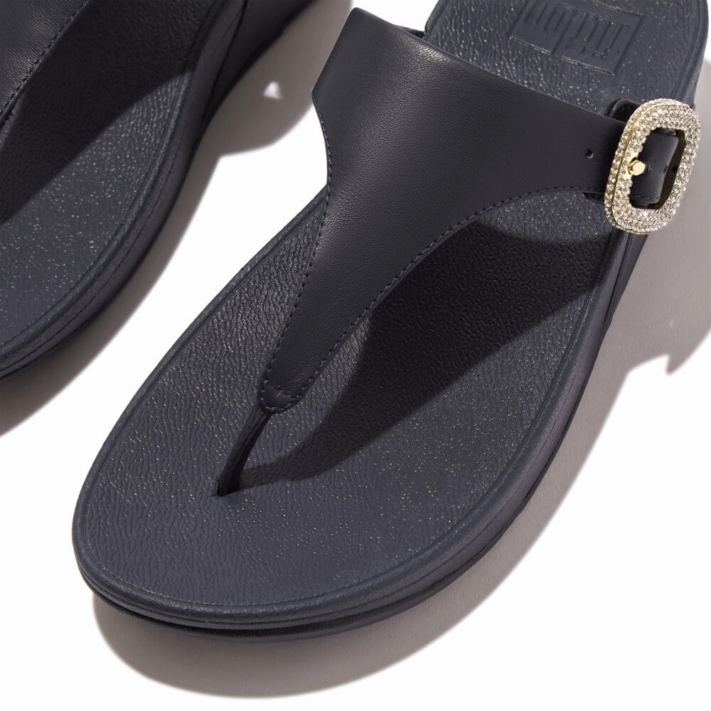 LULU CRYSTAL-BUCKLE LEATHER TOE-POST SANDALS