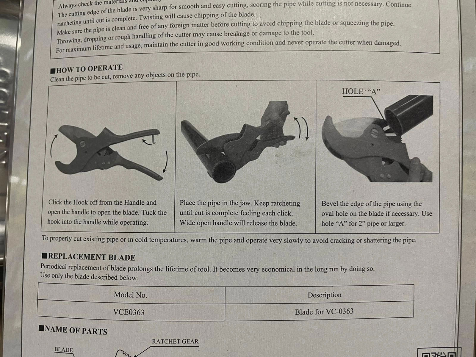 MCC 2" PVC Pipe Cutter | Model: MCC-VC-0363