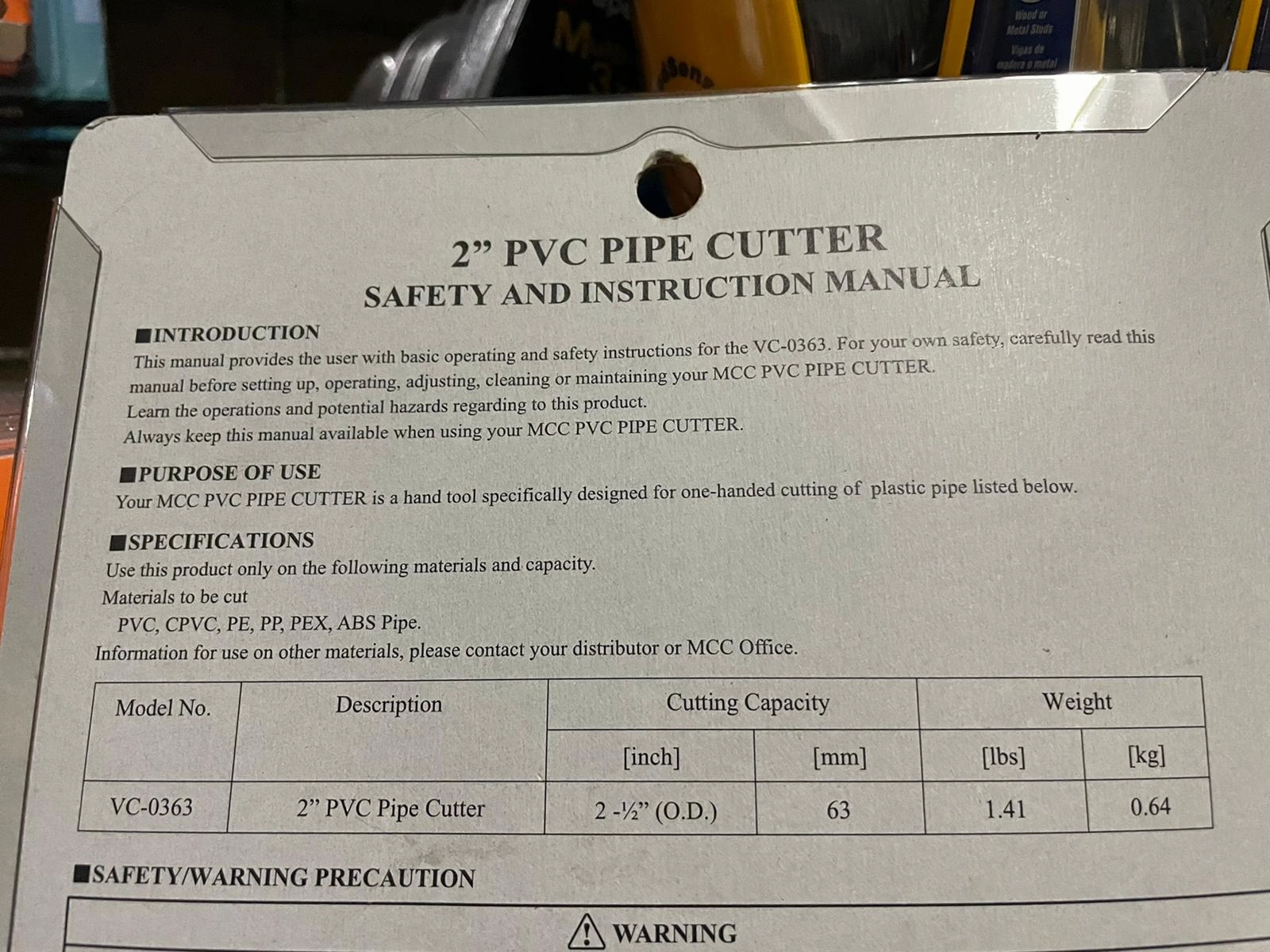 MCC 2" PVC Pipe Cutter | Model: MCC-VC-0363