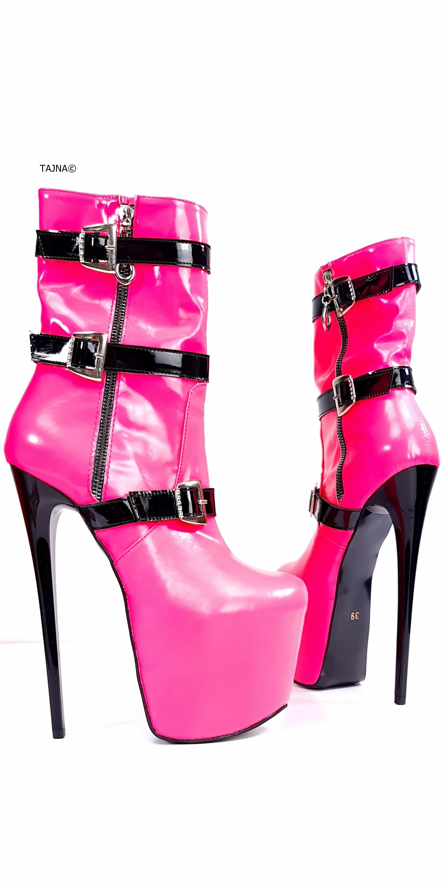 Neon Pink Black Belted High Heel Boots