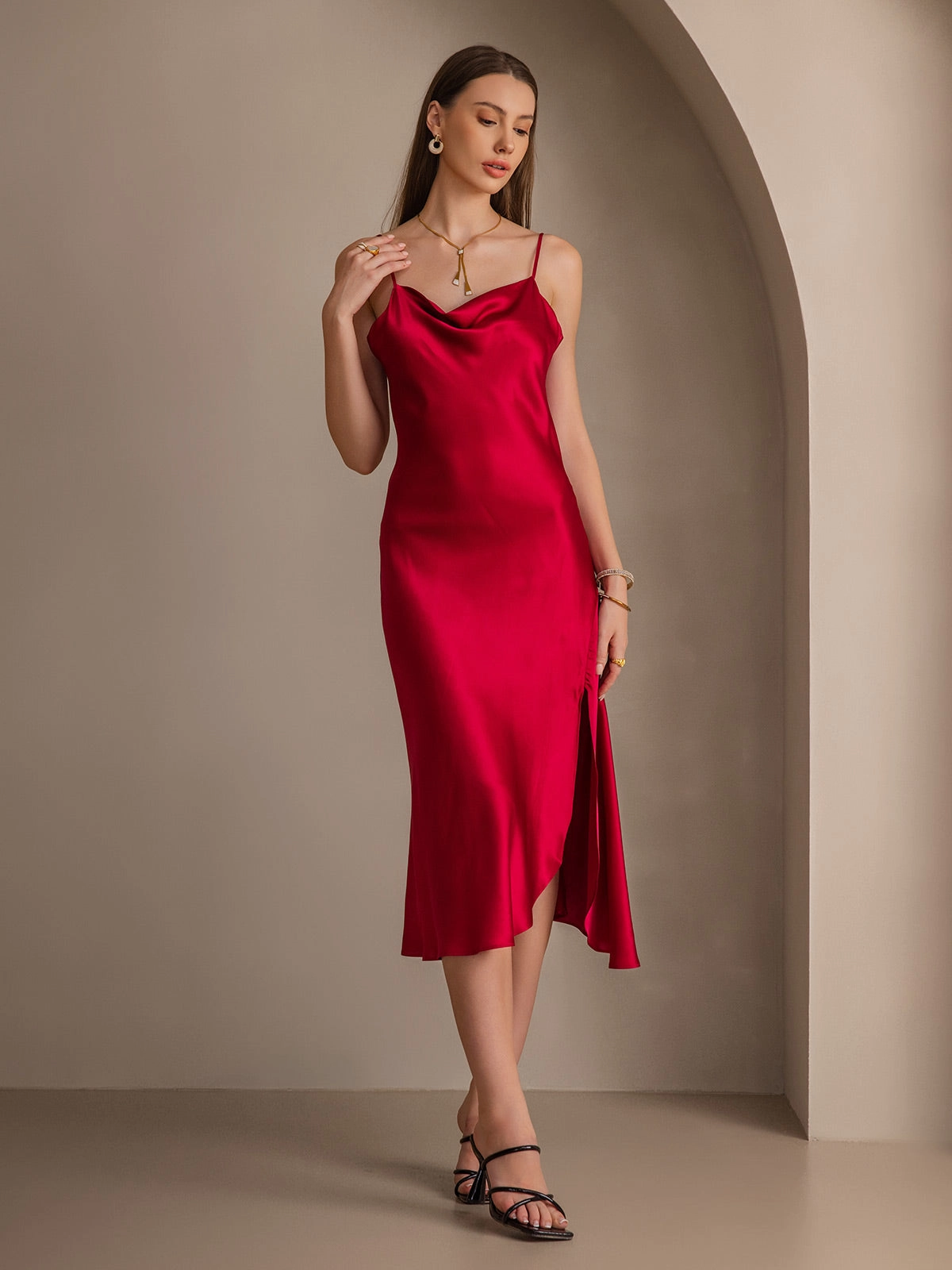 Pure Silk Spaghetti Strap Slit Long Dress