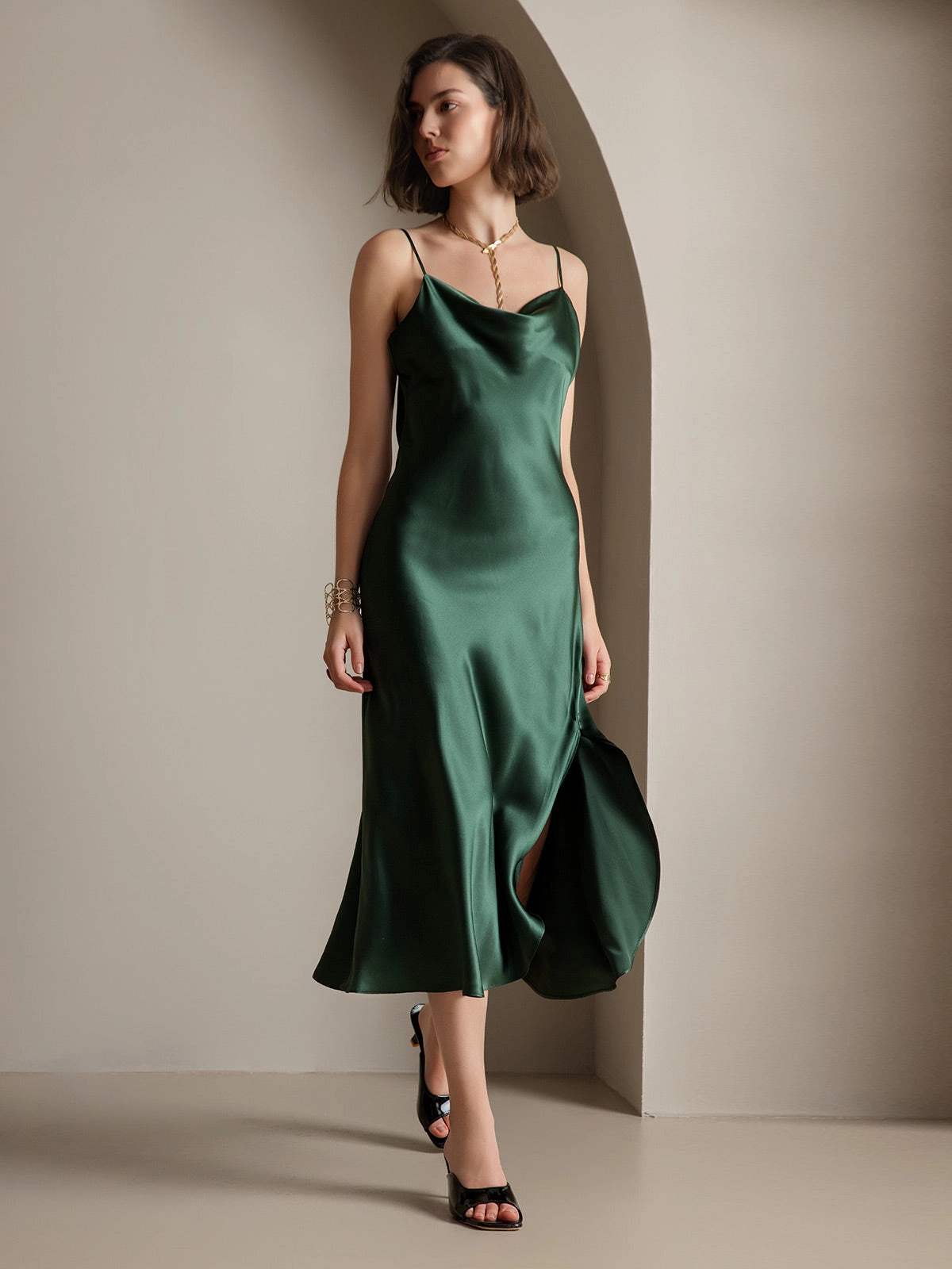 Pure Silk Spaghetti Strap Slit Long Dress