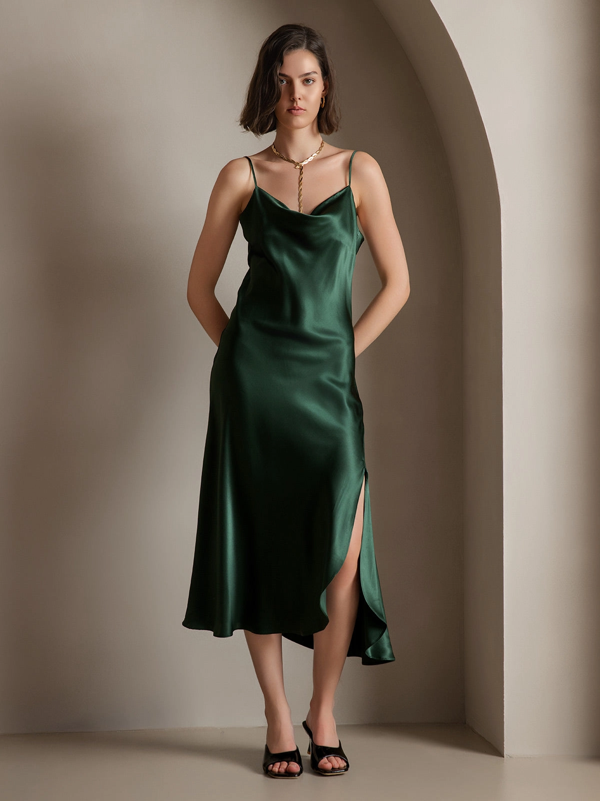 Pure Silk Spaghetti Strap Slit Long Dress