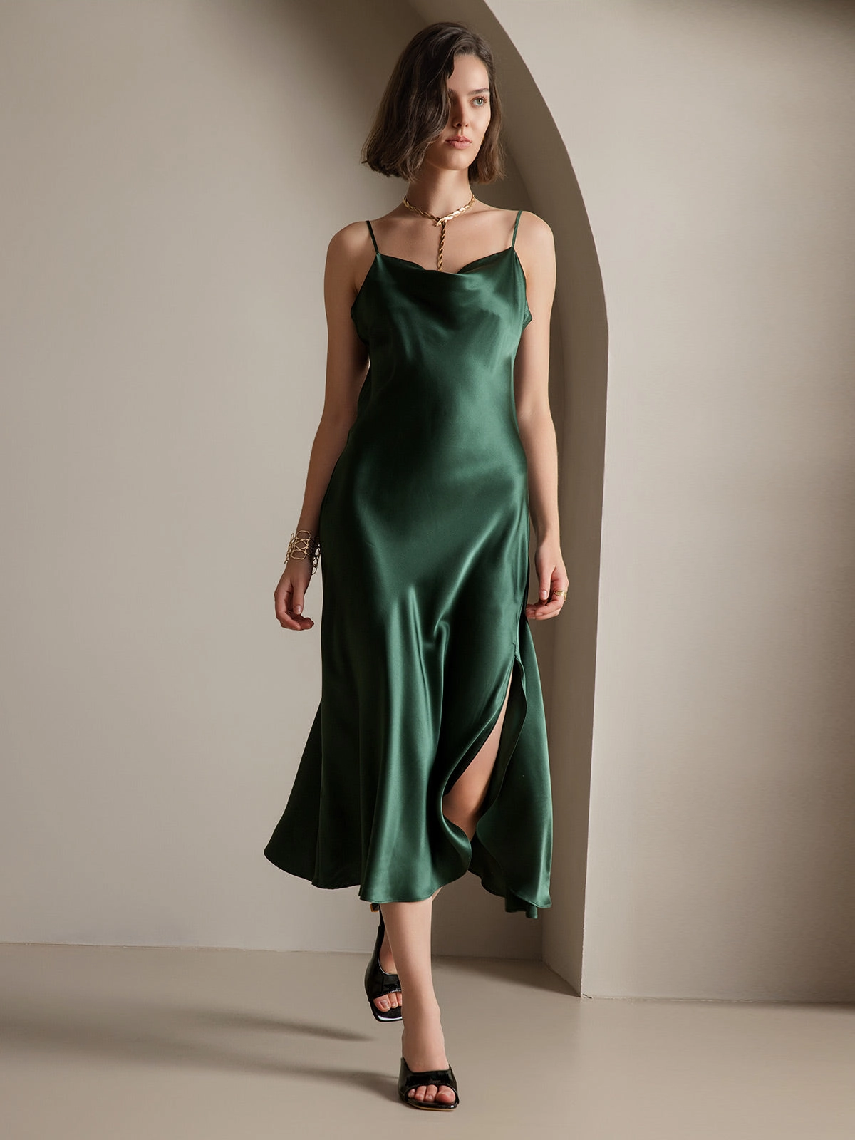 Pure Silk Spaghetti Strap Slit Long Dress