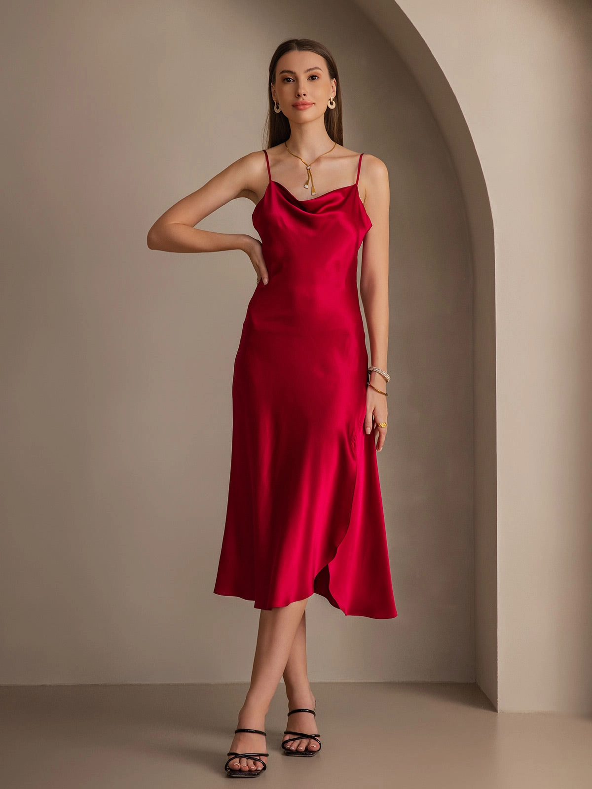 Pure Silk Spaghetti Strap Slit Long Dress