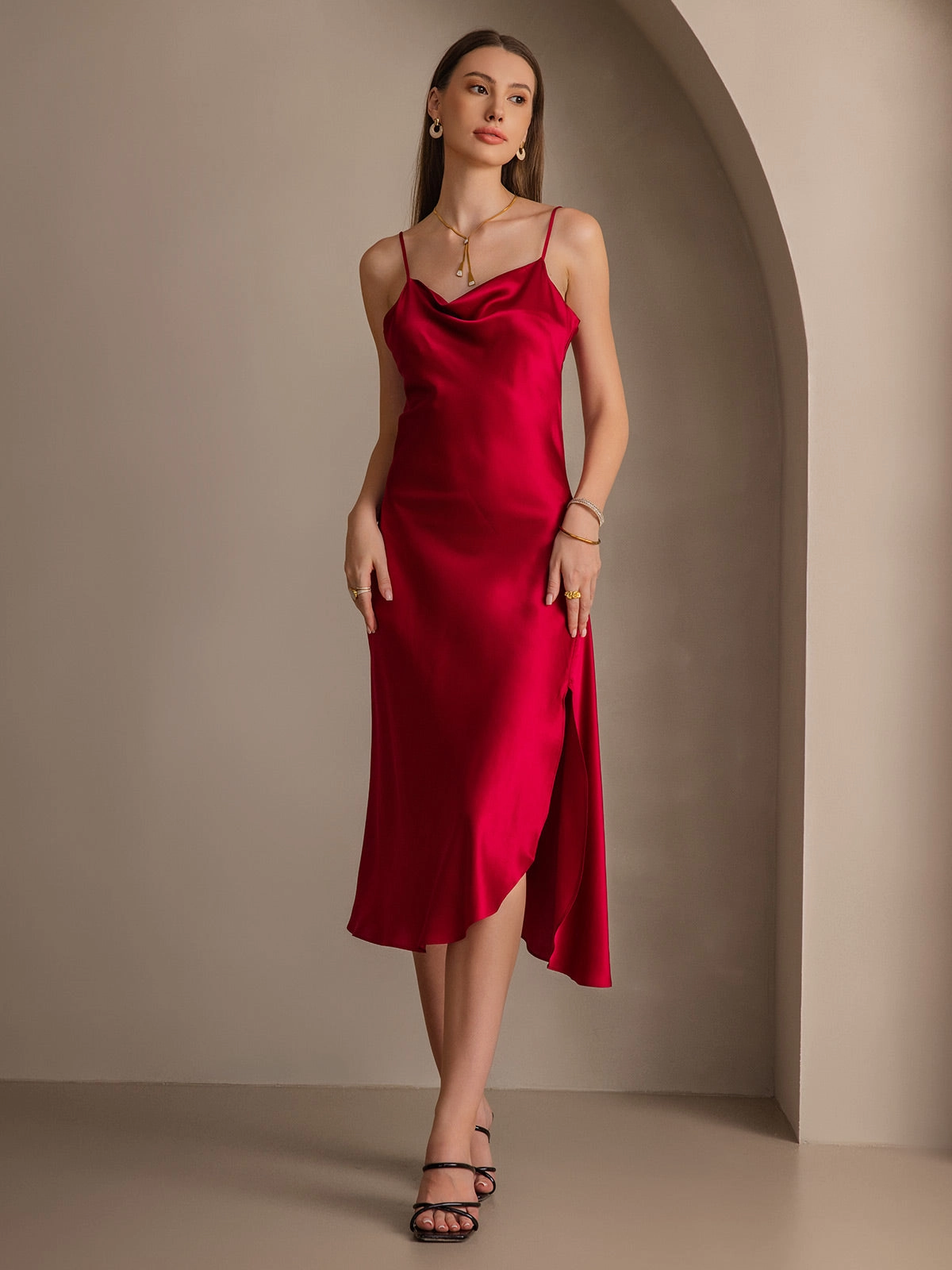 Pure Silk Spaghetti Strap Slit Long Dress