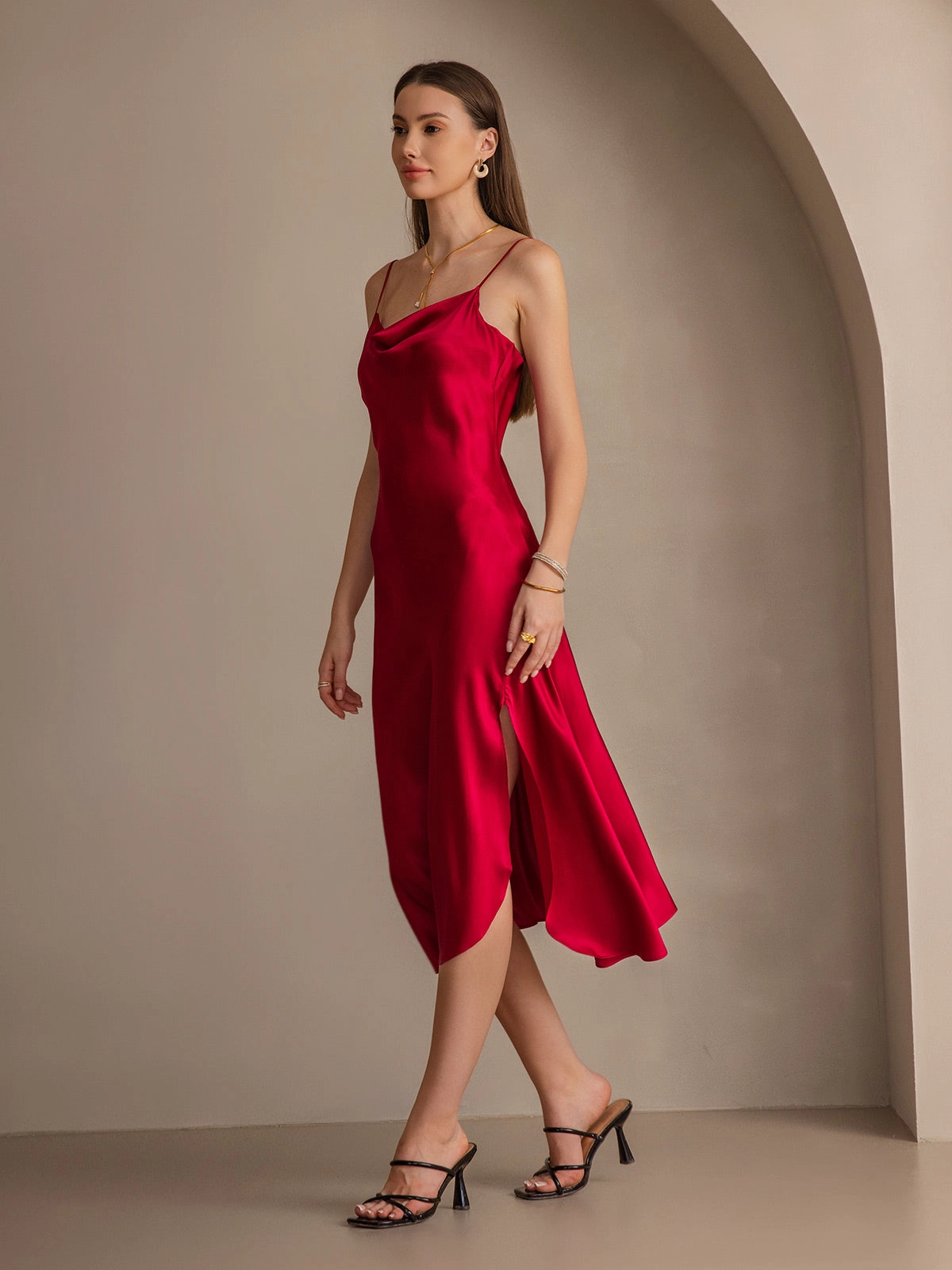 Pure Silk Spaghetti Strap Slit Long Dress
