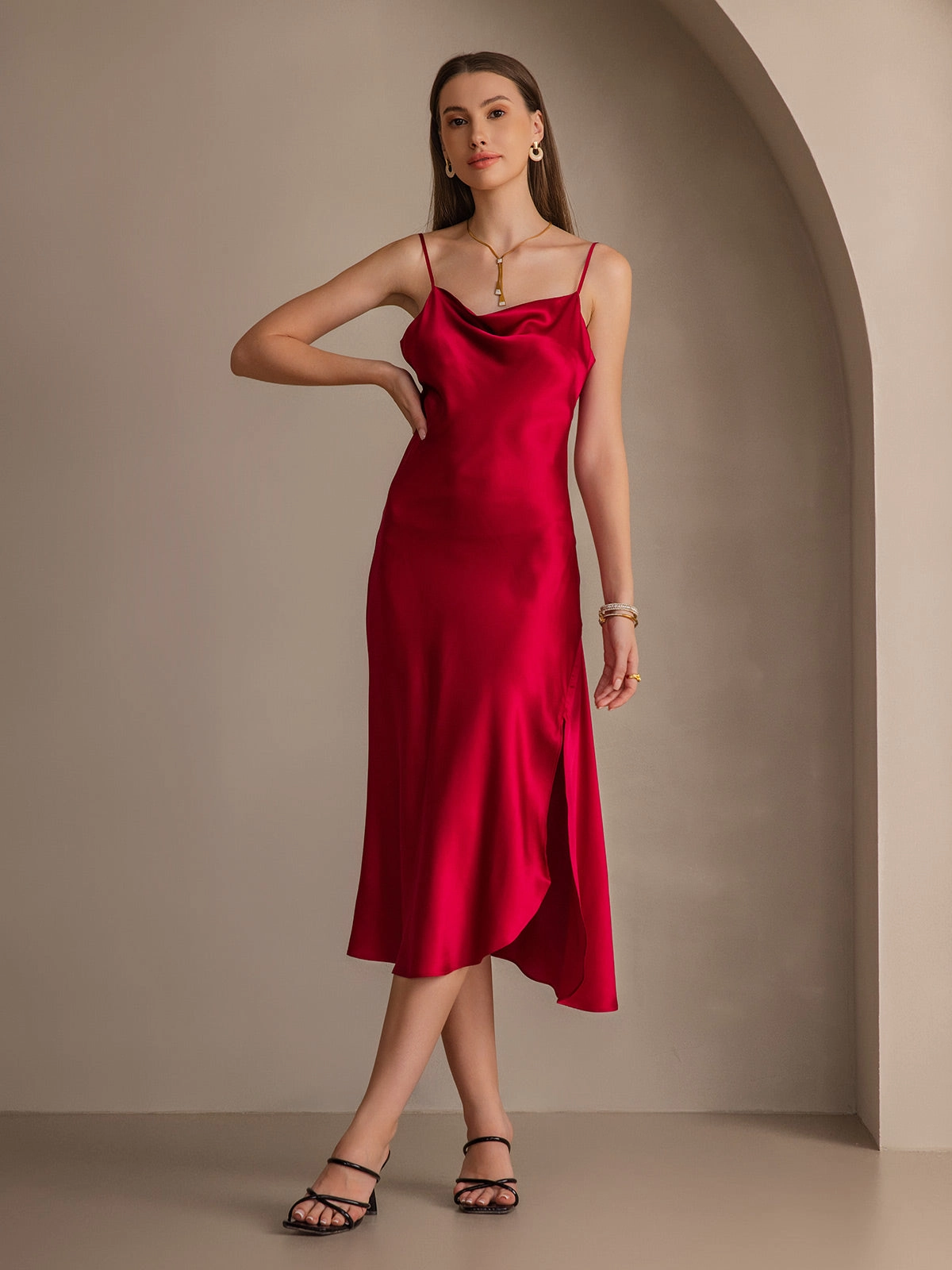 Pure Silk Spaghetti Strap Slit Long Dress