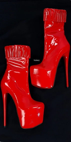 Red Gloss Ruffle High Heel Boots