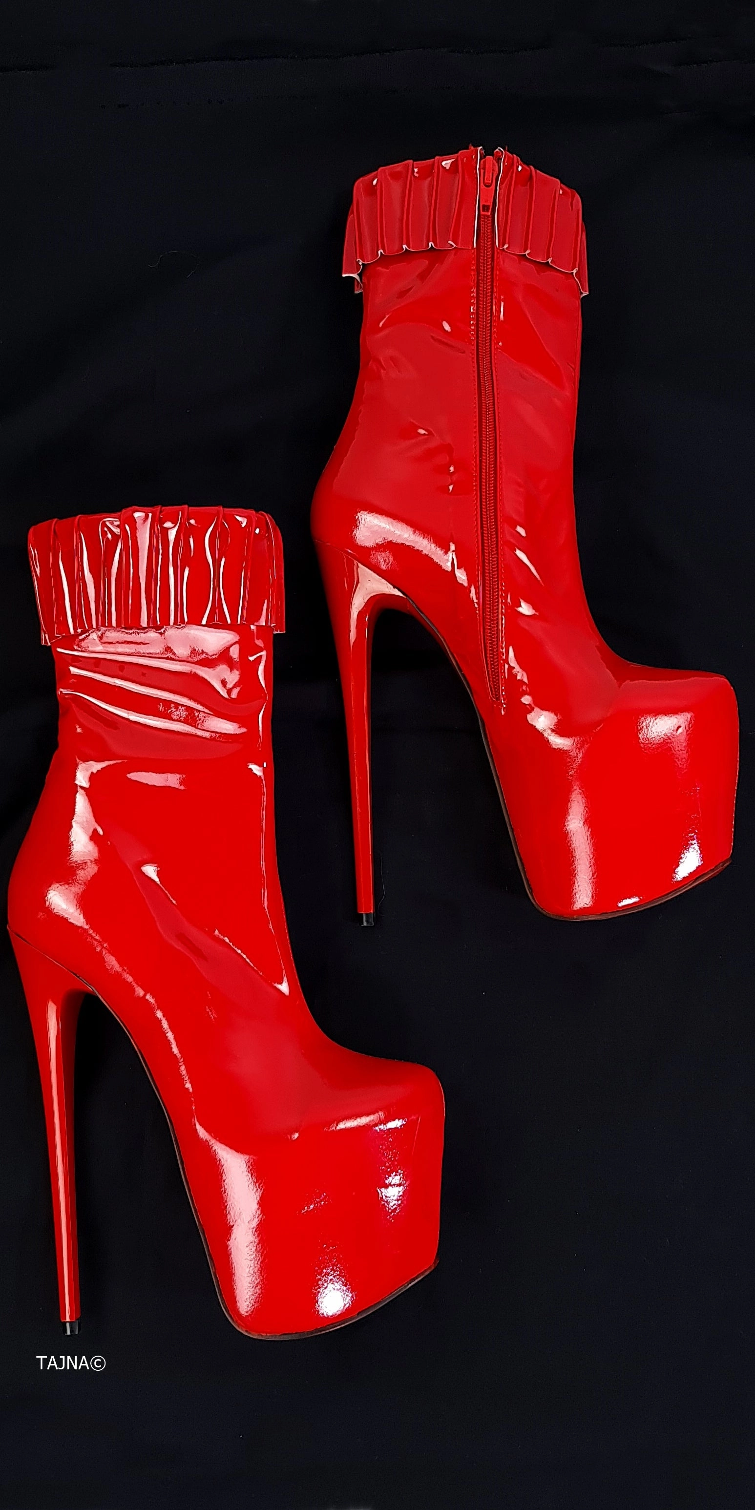 Red Gloss Ruffle High Heel Boots
