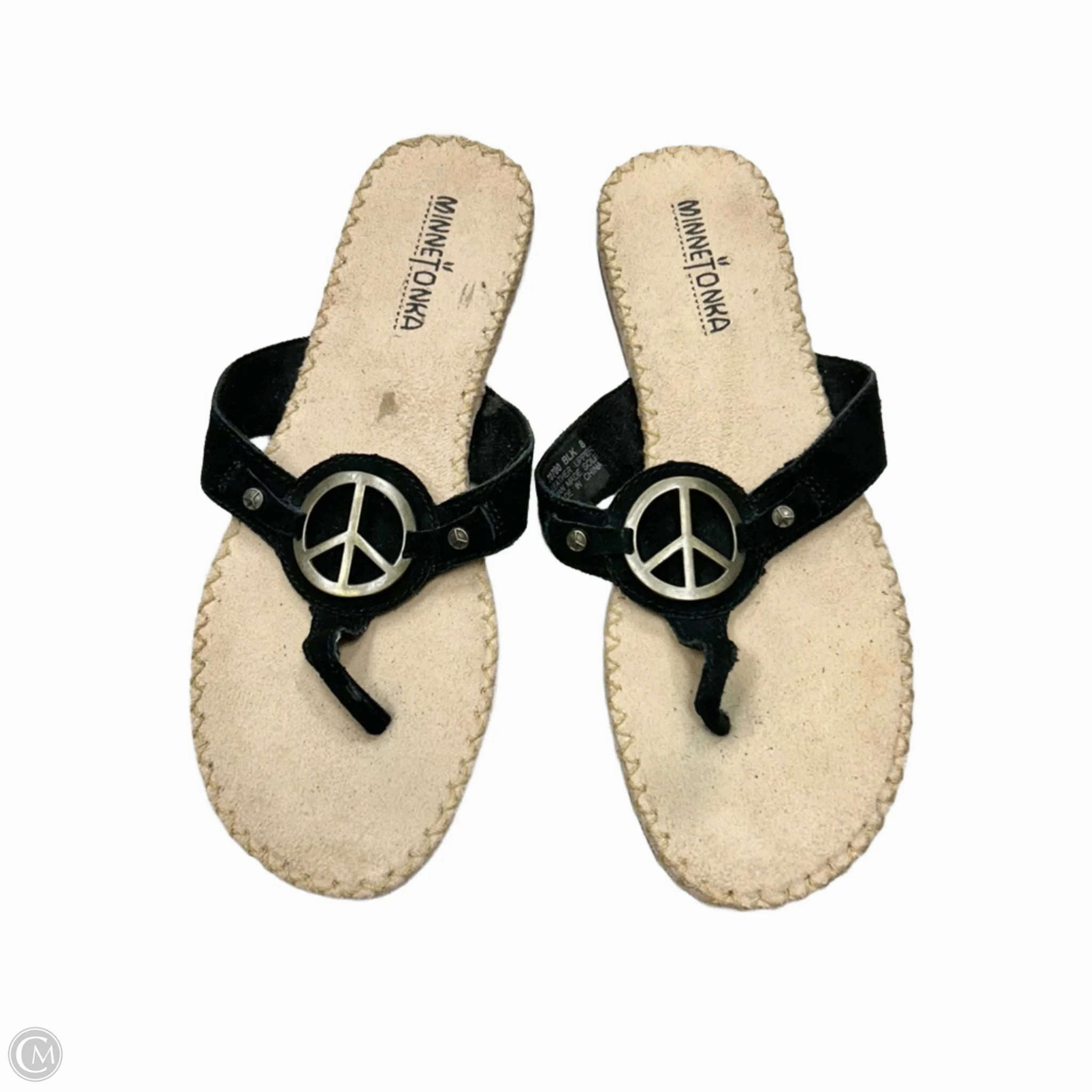 Sandals Flip Flops By Minnetonka In Black & Silver, Size: 8