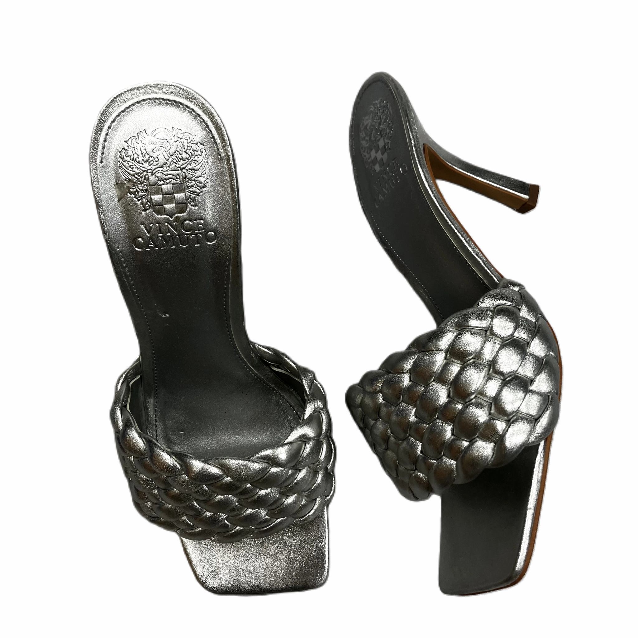 Sandals Heels Stiletto By Vince Camuto In Silver, Size: 8.5