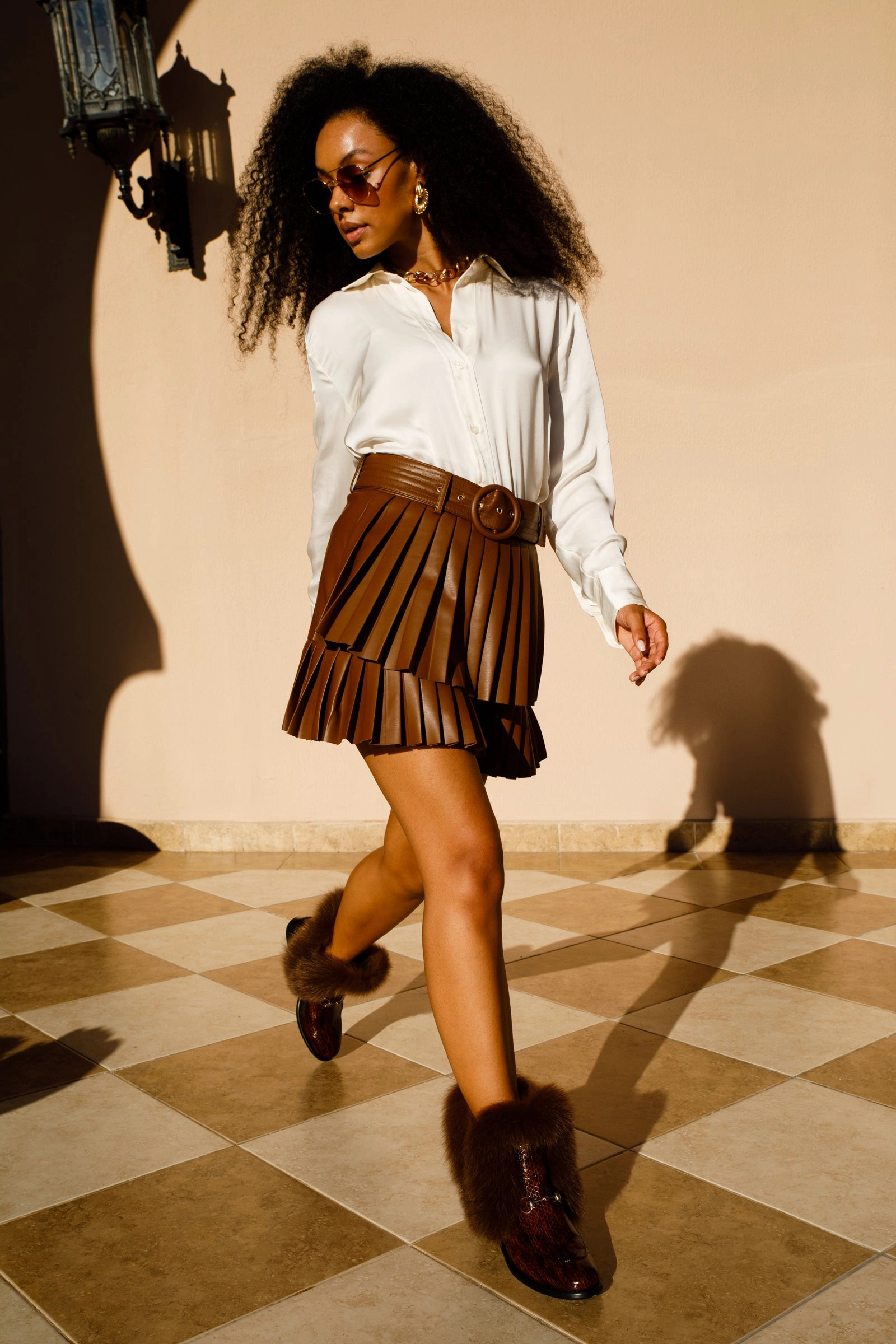 The Izmir Brown Patent Leather Natural Fur Mid Calf Women Boot