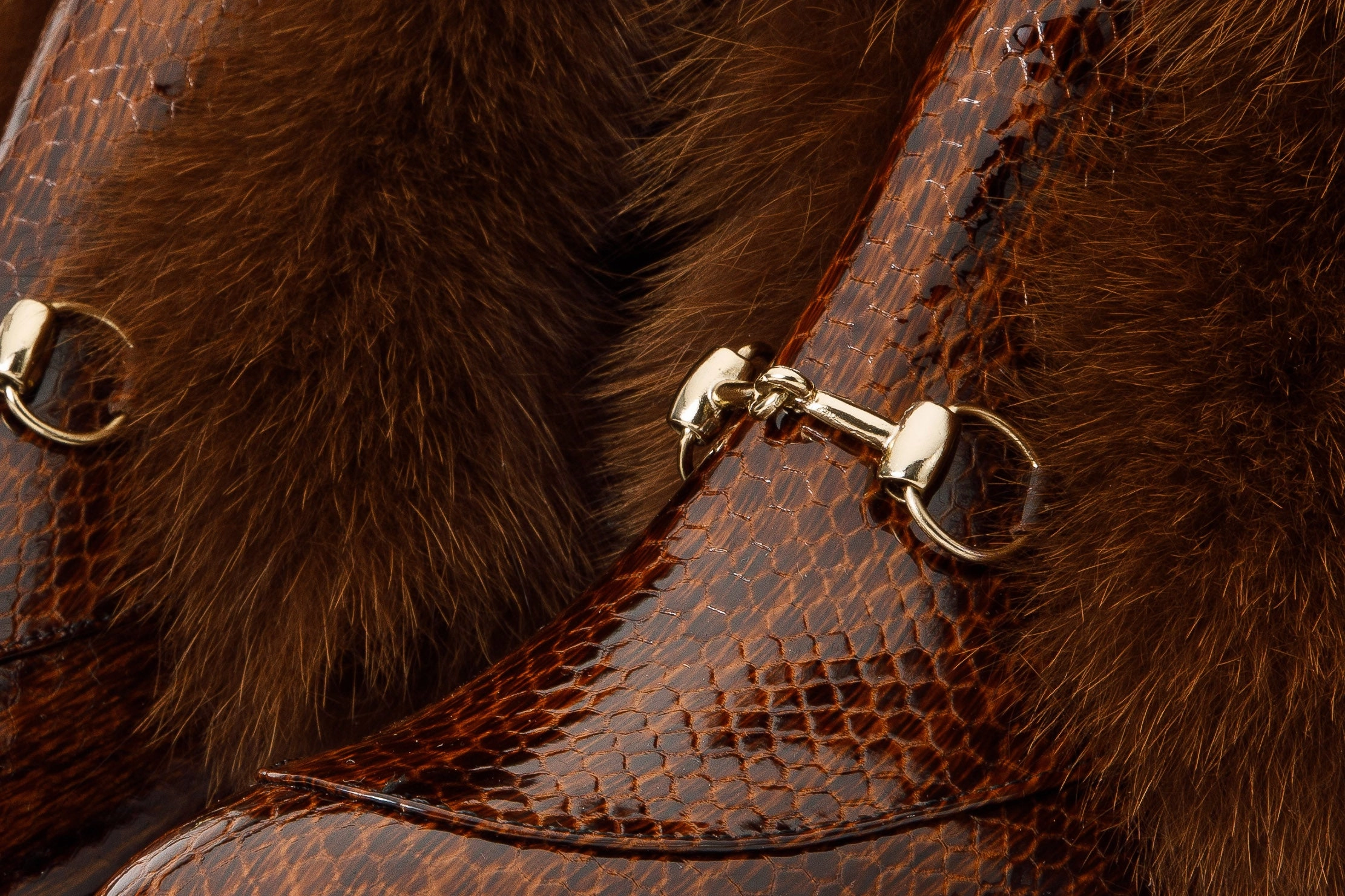The Izmir Brown Patent Leather Natural Fur Mid Calf Women Boot
