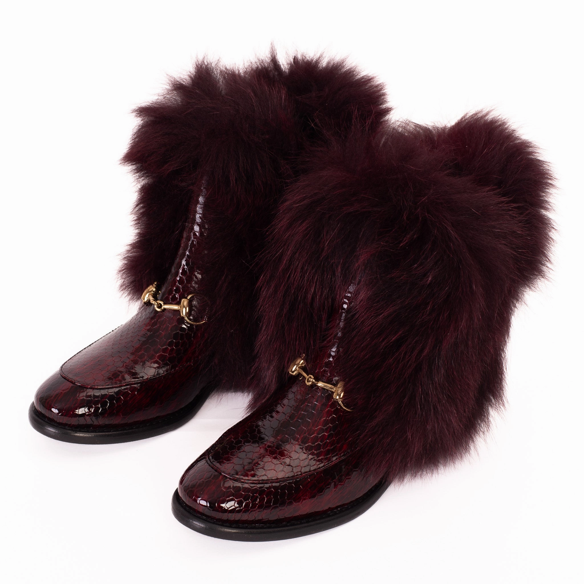 The Izmir Burgundy Patent Leather Natural Fur Mid Calf Women Boot
