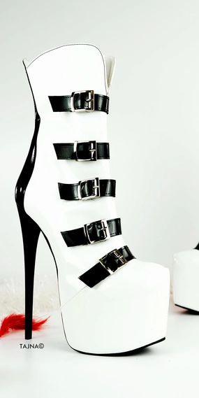 White Black Gloss Belted High Heel Boots