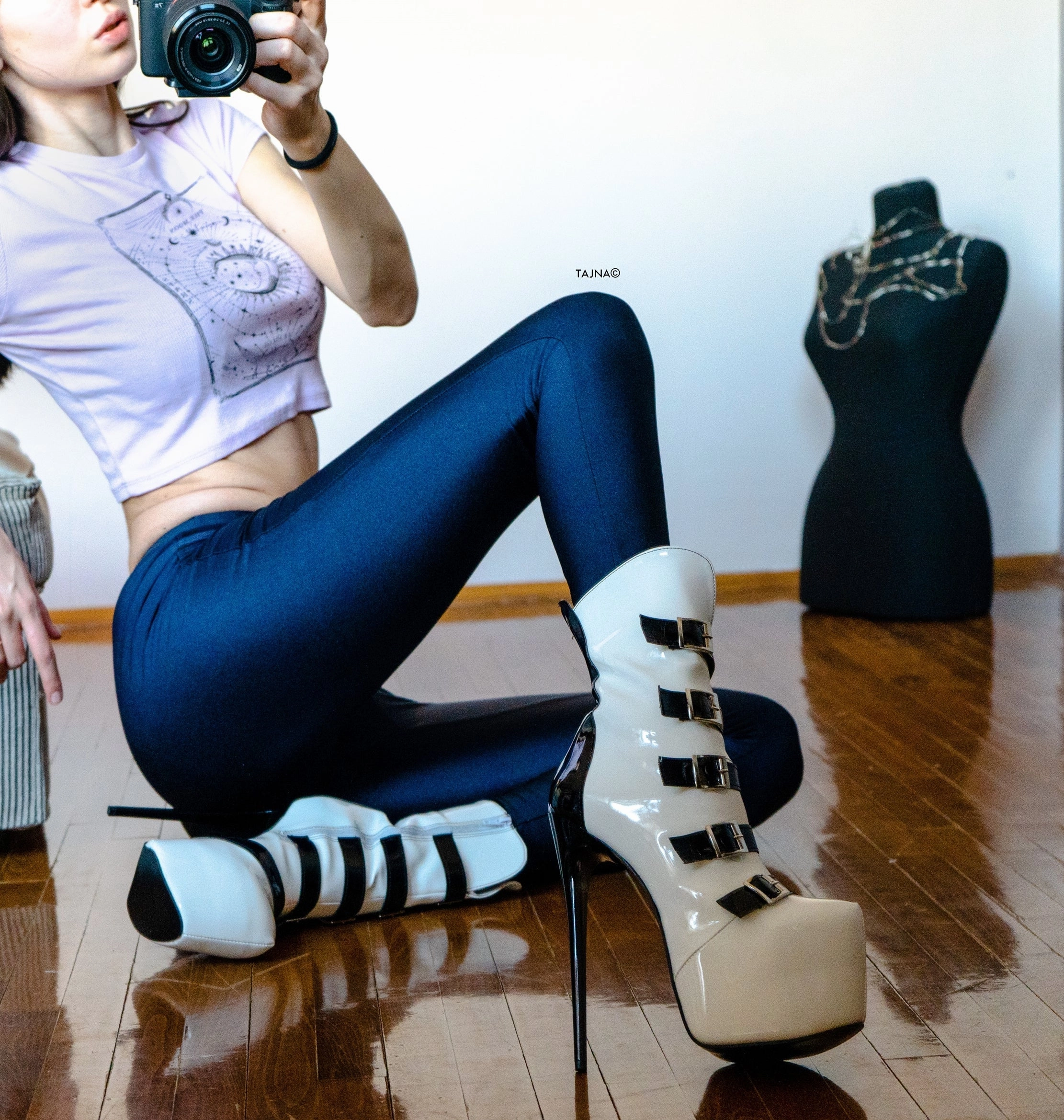 White Black Gloss Belted High Heel Boots