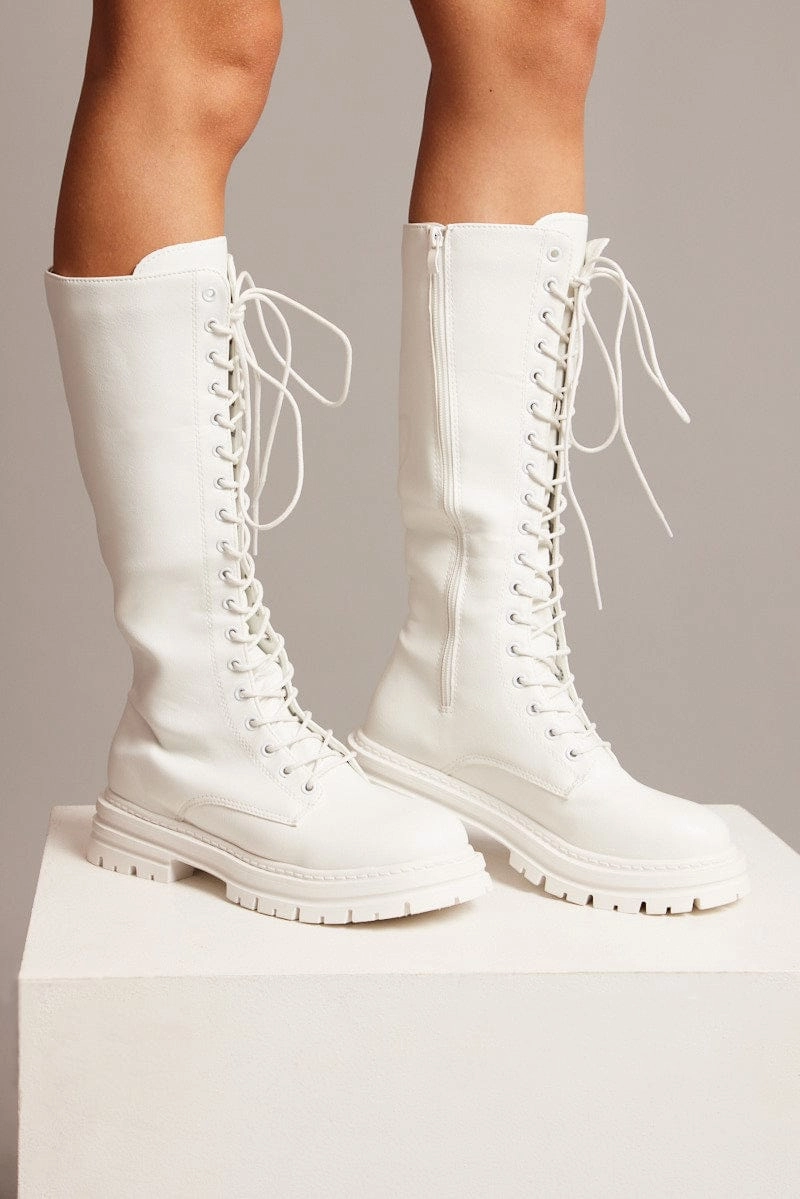 White Knee High Chunky Lace Up Boots