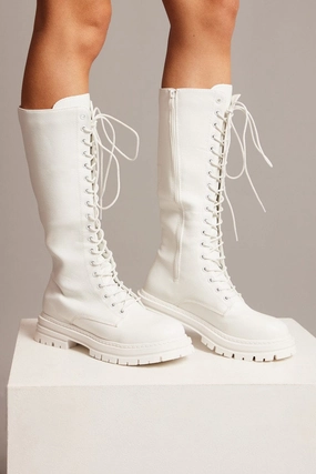 White Knee High Chunky Lace Up Boots