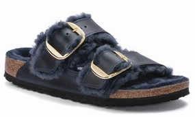 Womens Birkenstock Arizona Big Buckle Shearling Oil Leather Sandals Midnight Navy Gold