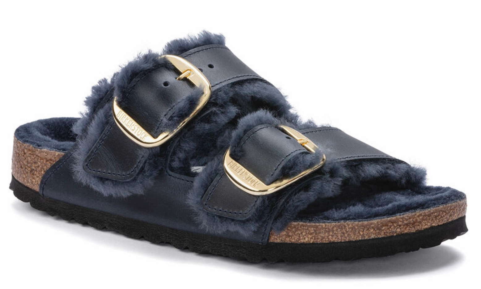 Womens Birkenstock Arizona Big Buckle Shearling Oil Leather Sandals Midnight Navy Gold